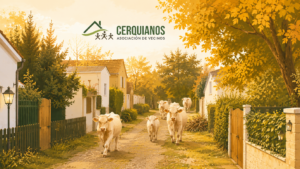 Calle rural en otoño con vacas